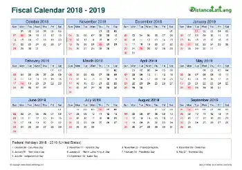 Fiscal Calendar Horizontal Outer Border Sun Sat Holiday Us Landscape 2018 2019