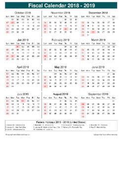 Fiscal Calendar Horizontal Week Underline With Month Split Sun Sat Holiday Us Portrait 2018 2019
