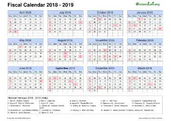 Fiscal Calendar Vertical Grid Sun Sat Holiday India 2019
