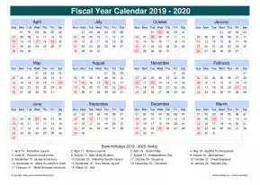 Fiscal Calendar Vertical Grid Sun Sat Holiday India Cool Blue Landscape 2019 2020