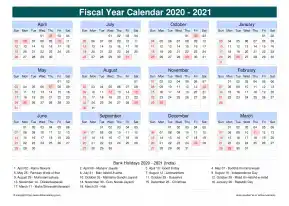 Fiscal Calendar Vertical Grid Sun Sat Holiday India Cool Blue Landscape 2020 2021