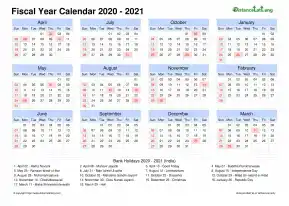 Fiscal Calendar Vertical Grid Sun Sat Holiday India Landscape 2020 2021
