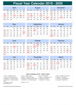 Fiscal Calendar Vertical Grid Sun Sat Holiday India Portrait 2019 2020