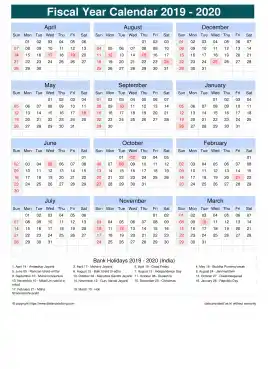 Fiscal Calendar Vertical Grid Sun Sat Holiday India Portrait 2019 2020