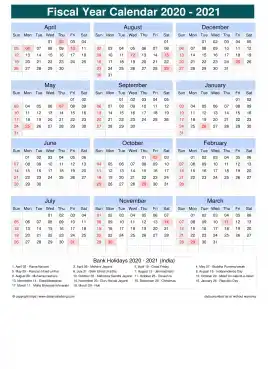 Fiscal Calendar Vertical Grid Sun Sat Holiday India Portrait 2020 2021