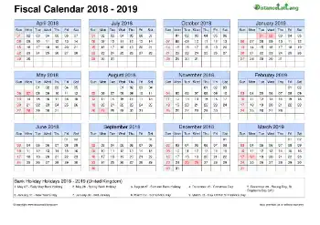 Fiscal Calendar Vertical Grid Sun Sat Holiday Uk 2018 2019