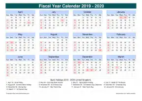 Fiscal Calendar Vertical Grid Sun Sat Holiday Uk Cool Blue Landscape 2019 2020