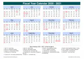 Fiscal Calendar Vertical Grid Sun Sat Holiday Uk Cool Blue Landscape 2020 2021