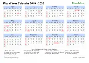 Fiscal Calendar Vertical Grid Sun Sat Holiday Uk Landscape 2019 2020
