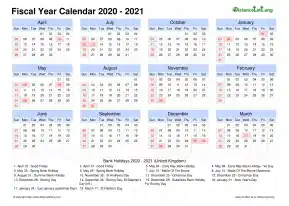 Fiscal Calendar Vertical Grid Sun Sat Holiday Uk Landscape 2020 2021