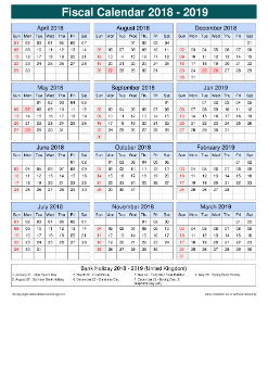 Fiscal Calendar Vertical Grid Sun Sat Holiday Uk Portrait 2018 2019