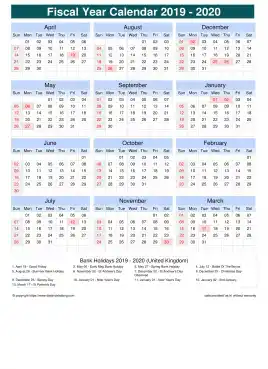 Fiscal Calendar Vertical Grid Sun Sat Holiday Uk Portrait 2019 2020