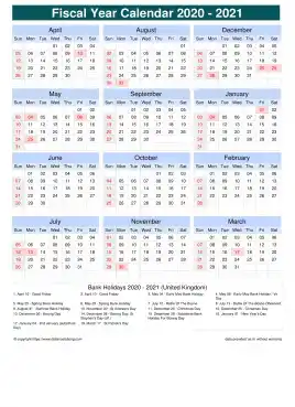 Fiscal Calendar Vertical Grid Sun Sat Holiday Uk Portrait 2020 2021