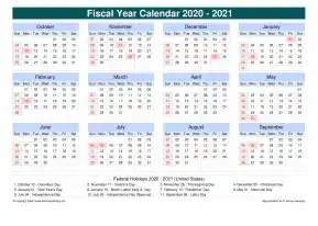 Fiscal Calendar Vertical Grid Sun Sat Holiday Us Cool Blue Landscape 2020 2021