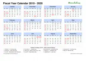 Fiscal Calendar Vertical Grid Sun Sat Holiday Us Landscape 2019 2020