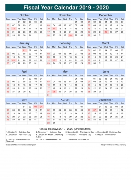 Fiscal Calendar Vertical Grid Sun Sat Holiday Us Portrait 2019 2020