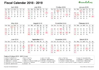 Fiscal Calendar Vertical Month Week Covered Line Grid Sun Sat Holiday India 2018 2019