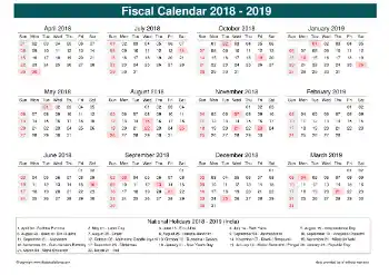 Fiscal Calendar Vertical Month Week Covered Line Grid Sun Sat Holiday India Cool Blue 2018 2019