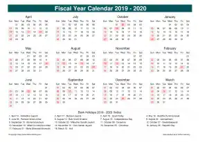 Fiscal Calendar Vertical Month Week Covered Line Grid Sun Sat Holiday India Cool Blue Landscape 2019 2020