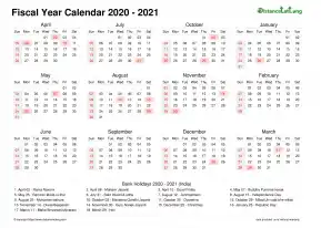 Fiscal Calendar Vertical Month Week Covered Line Grid Sun Sat Holiday India Landscape 2020 2021