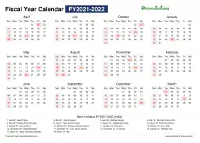 Fiscal Calendar Vertical Month Week Covered Line Grid Sun Sat Holiday India Landscape 2021 2022