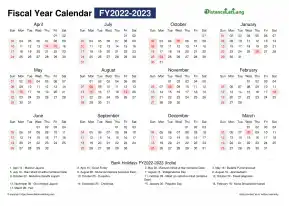 Fiscal Calendar Vertical Month Week Covered Line Grid Sun Sat Holiday India Landscape 2022 2023