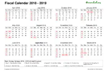 Fiscal Calendar Vertical Month Week Covered Line Grid Sun Sat Holiday Uk 2018 2019