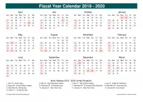 Fiscal Calendar Vertical Month Week Covered Line Grid Sun Sat Holiday Uk Cool Blue Landscape 2019 2020
