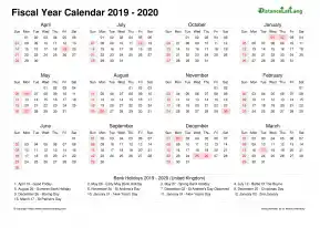 Fiscal Calendar Vertical Month Week Covered Line Grid Sun Sat Holiday Uk Landscape 2019 2020