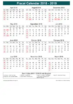 Fiscal Calendar Vertical Month Week Covered Line Grid Sun Sat Holiday Uk Portrait 2018 2019
