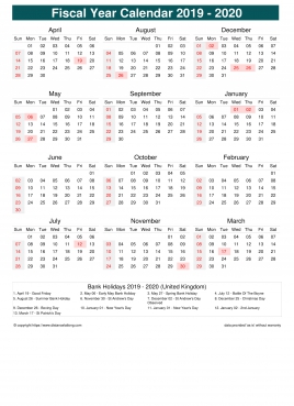 Fiscal Calendar Vertical Month Week Covered Line Grid Sun Sat Holiday Uk Portrait 2019 2020