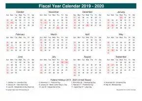 Fiscal Calendar Vertical Month Week Covered Line Grid Sun Sat Holiday Us Cool Blue Landscape 2019 2020