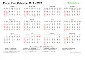 Fiscal Calendar Vertical Month Week Covered Line Grid Sun Sat Holiday Us Landscape 2019 2020