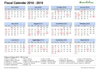 Fiscal Calendar Vertical Month Week Grid Sun Sat Holiday India 2018 2019
