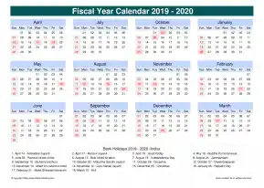 Fiscal Calendar Vertical Month Week Grid Sun Sat Holiday India Cool Blue Landscape 2019 2020