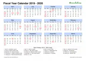 Fiscal Calendar Vertical Month Week Grid Sun Sat Holiday India Landscape 2019 2020