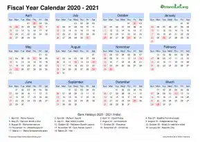 Fiscal Calendar Vertical Month Week Grid Sun Sat Holiday India Landscape 2020 2021