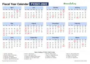 Fiscal Calendar Vertical Month Week Grid Sun Sat Holiday India Landscape 2021 2022