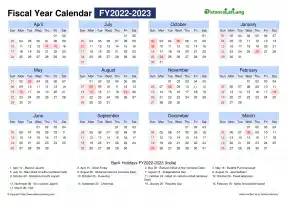 Fiscal Calendar Vertical Month Week Grid Sun Sat Holiday India Landscape 2022 2023