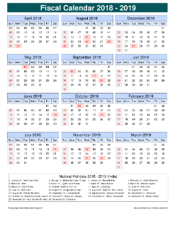 Fiscal Calendar Vertical Month Week Grid Sun Sat Holiday India Portrait 2018 2019