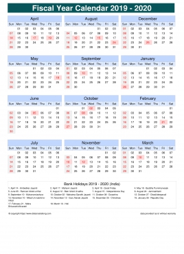 Fiscal Calendar Vertical Month Week Grid Sun Sat Holiday India Portrait 2019 2020