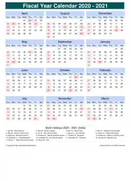 Fiscal Calendar Vertical Month Week Grid Sun Sat Holiday India Portrait 2020 2021