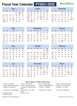 Fiscal Calendar Vertical Month Week Grid Sun Sat Holiday India Portrait 2021 2022