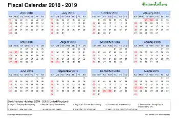 Fiscal Calendar Vertical Month Week Grid Sun Sat Holiday Uk 2018 2019