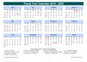 Fiscal Calendar Vertical Month Week Grid Sun Sat Holiday Uk Cool Blue Landscape 2019 2020
