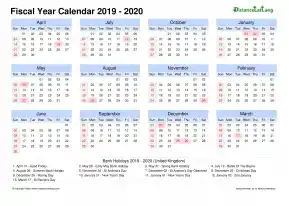 Fiscal Calendar Vertical Month Week Grid Sun Sat Holiday Uk Landscape 2019 2020