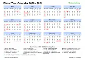 Fiscal Calendar Vertical Month Week Grid Sun Sat Holiday Uk Landscape 2020 2021