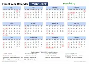 Fiscal Calendar Vertical Month Week Grid Sun Sat Holiday Uk Landscape 2021 2022