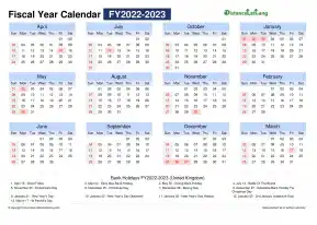 Fiscal Calendar Vertical Month Week Grid Sun Sat Holiday Uk Landscape 2022 2023