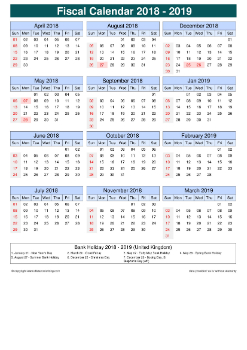 Fiscal Calendar Vertical Month Week Grid Sun Sat Holiday Uk Portrait 2018 2019